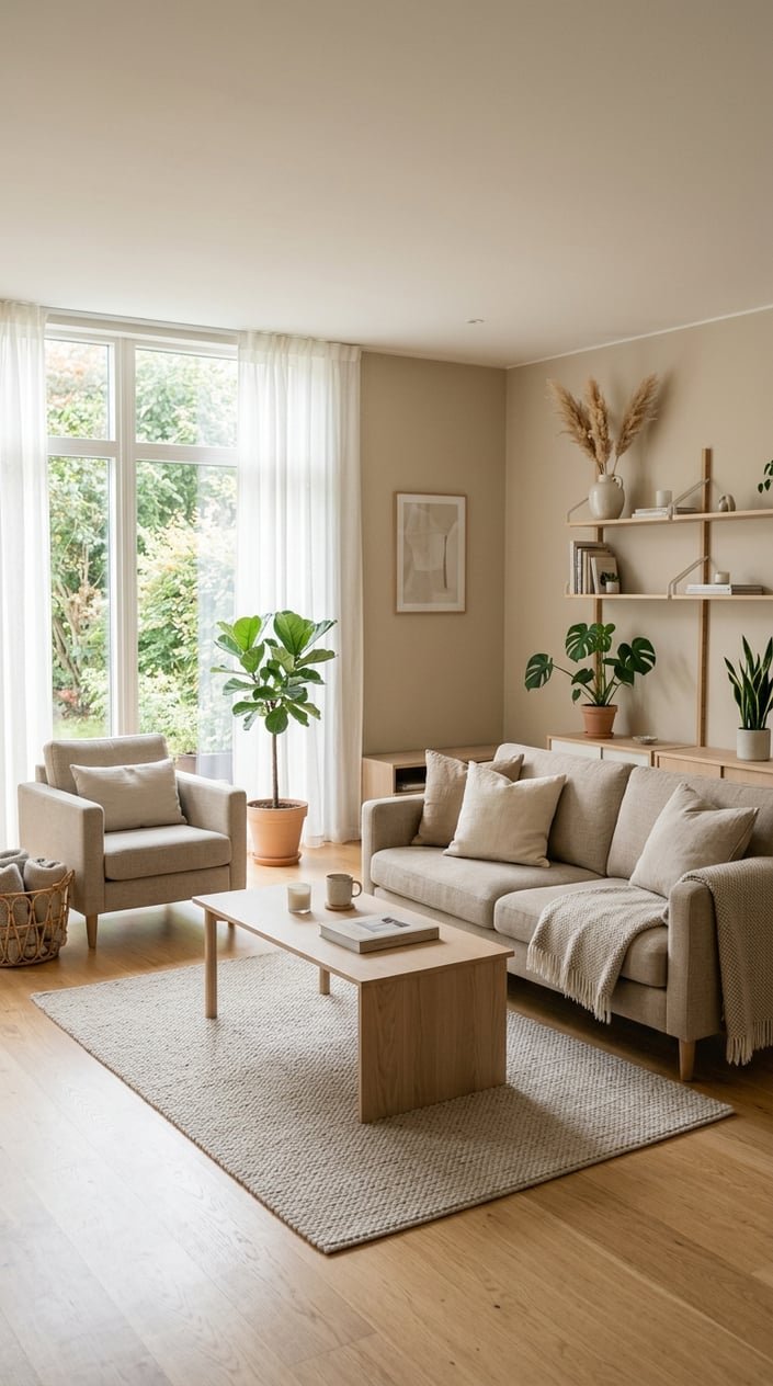 A bright living room with a beige sofa, pale wood furniture, and soft natural light coming through large windows.