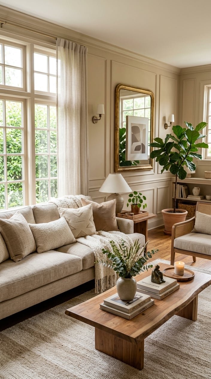 A beige living room with a sofa, cushions, wooden furniture, plants, and natural light coming through windows.