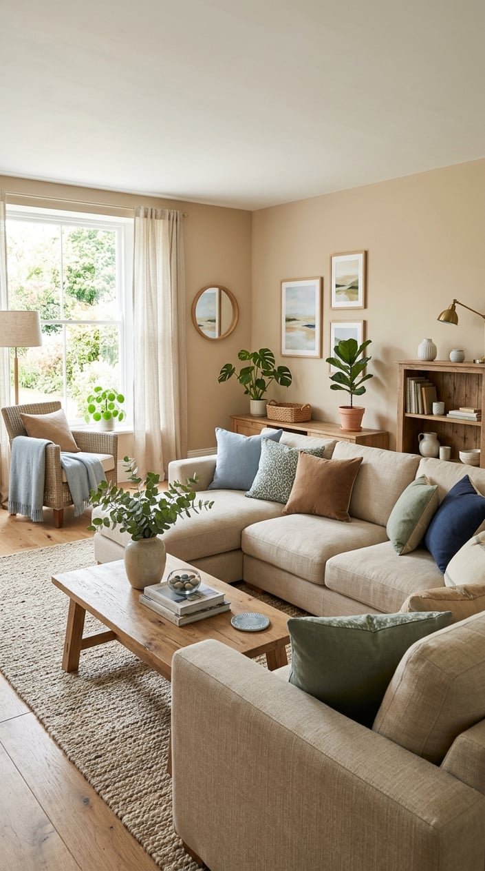 A living room with a beige sofa, wooden furniture, plants, and soft blue and brown accents in natural light.
