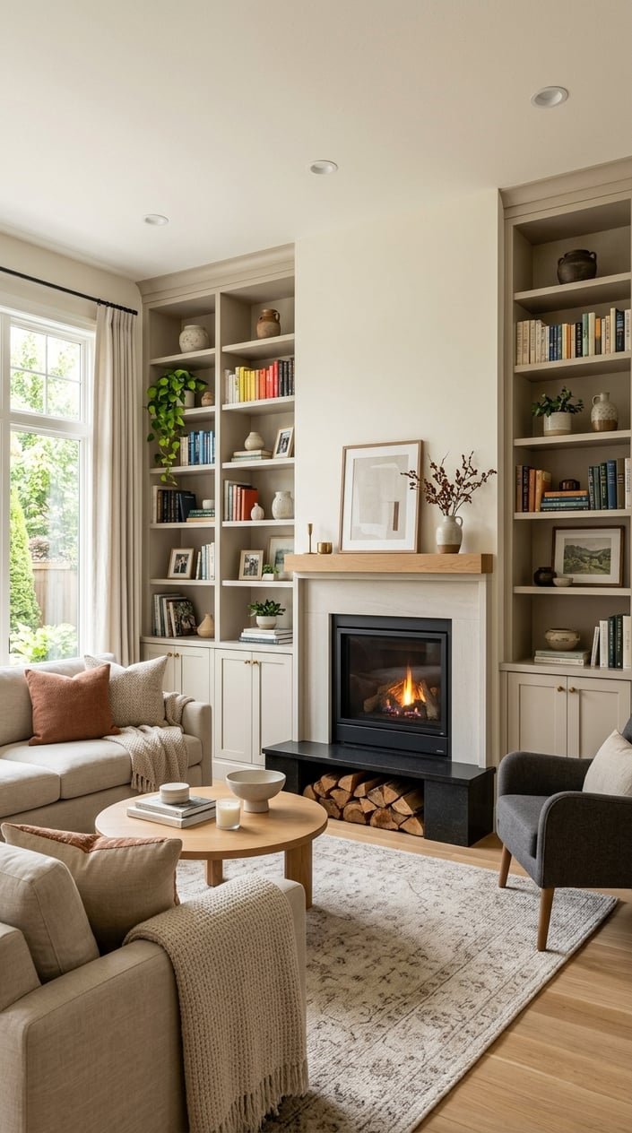 Living room with floor-to-ceiling painted built-in bookcases around a fireplace, filled with books and decor.