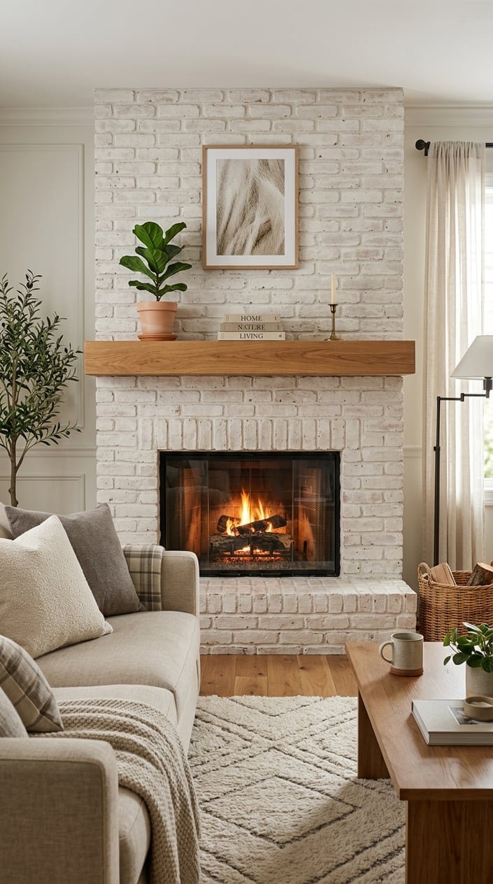 Living room with a limewashed brick fireplace and a solid oak mantel, surrounded by a sofa and decorative items.
