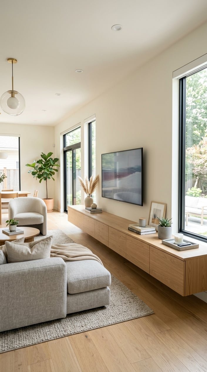 A bright living room with a long white oak floating media console along the wall, a flat-screen TV, and minimal decorations.