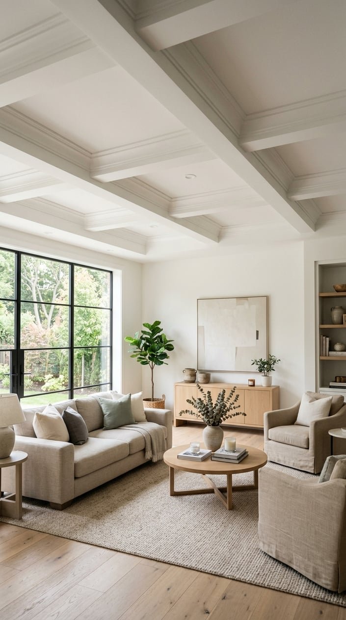 A bright living room with a coffered ceiling featuring white beams, a sofa, coffee table, and large windows letting in natural light.