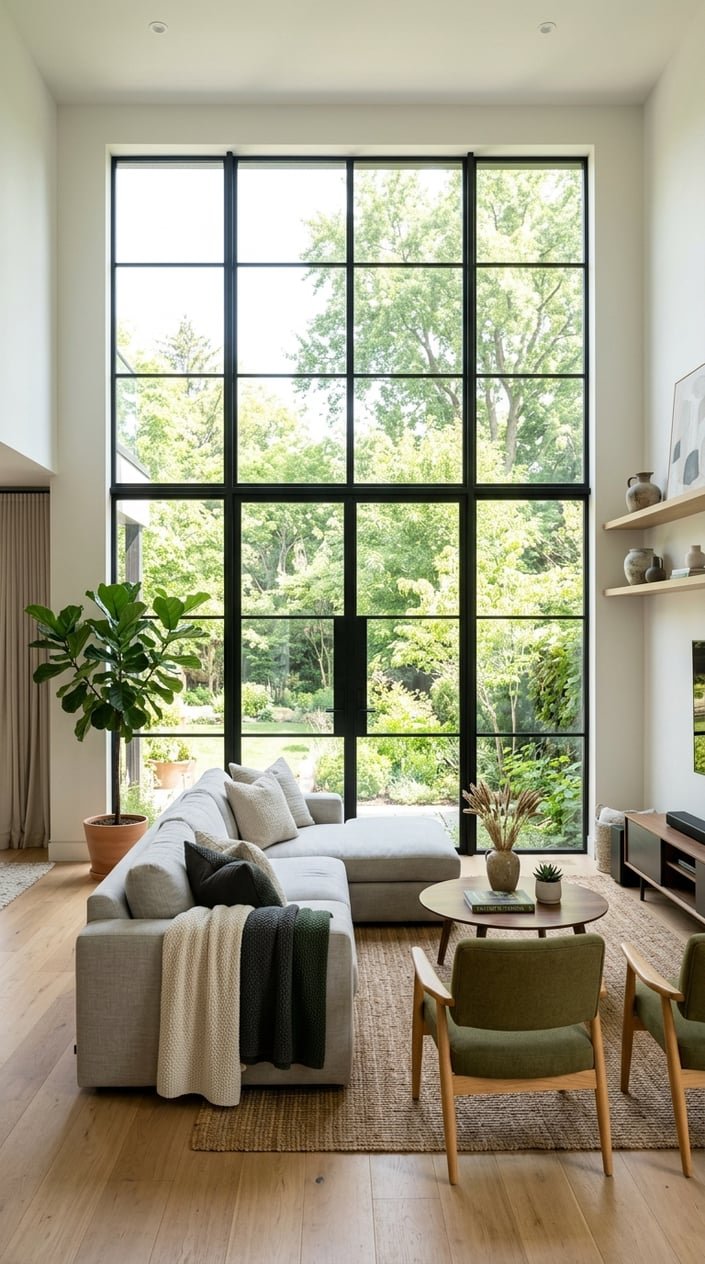 Living room with a large black steel framed picture window showing greenery outside and natural light filling the space