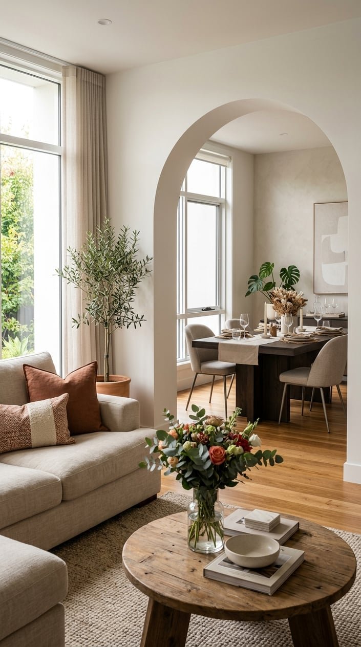 An arched doorway opening between a living room with a sofa and a dining room with a wooden table and chairs.