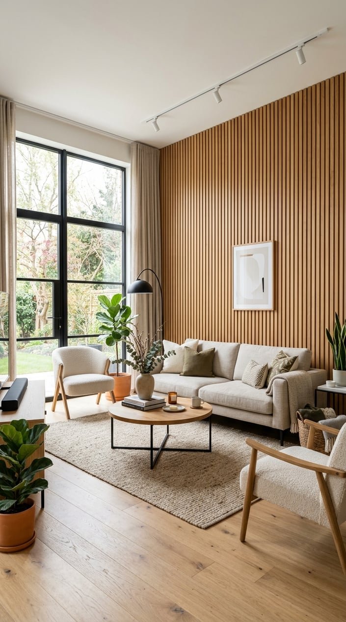 A living room with a full wall covered in vertical white oak slats, featuring a sofa, coffee table, and natural light from large windows.