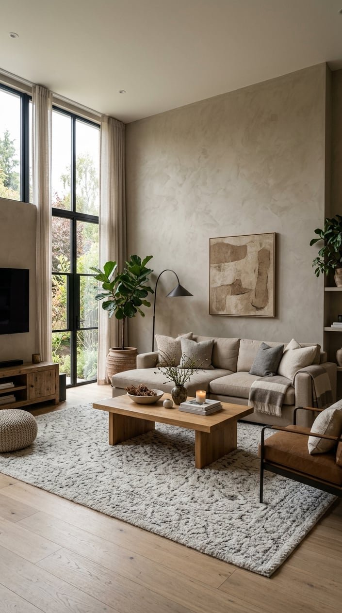 Living room with warm greige clay walls, a sofa, coffee table, and plants in natural light.