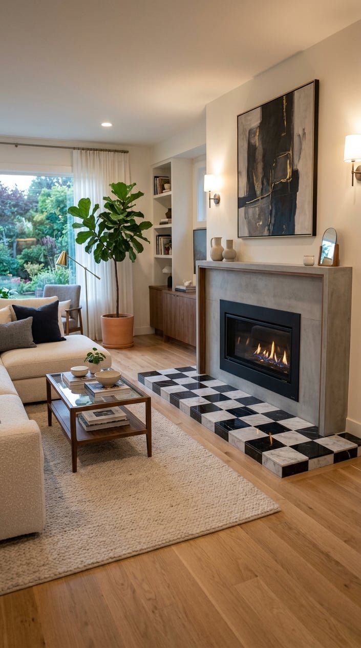 Living room with a fireplace featuring a checkerboard marble tile hearth extension surrounded by comfortable seating and decorative elements.