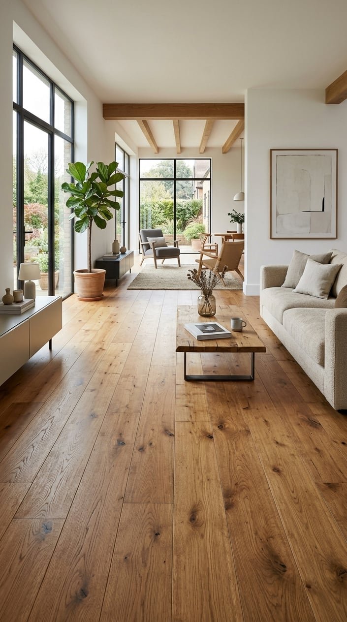 A bright living room with wide-plank oak flooring, a sofa, coffee table, and large windows letting in natural light.