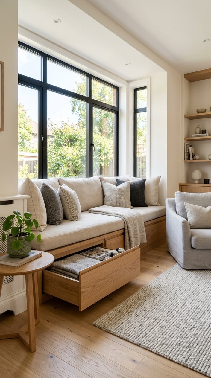 Living room with a built-in window seat featuring hidden storage drawers and cushions beneath a large window.
