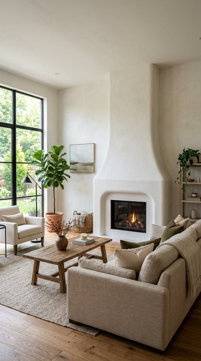 Living room with a plaster fireplace surround, sofa, coffee table, and natural light coming through large windows.