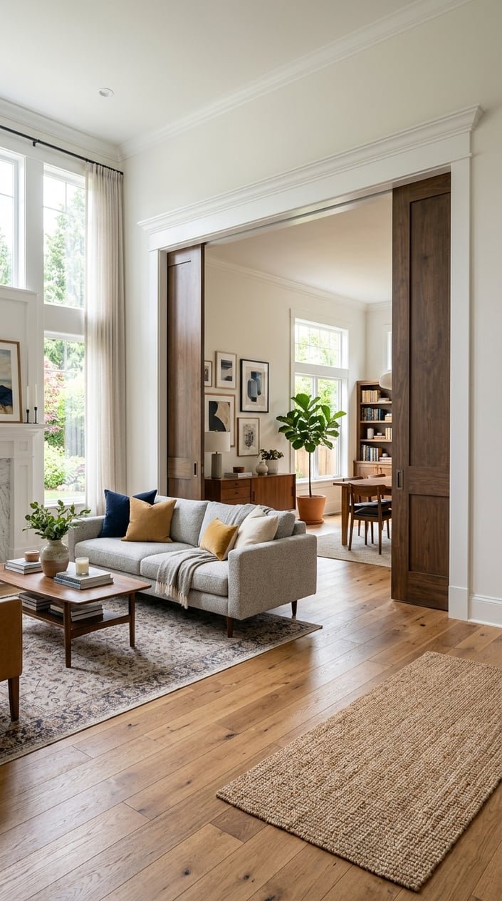 A bright living room with large cased opening and partially open pocket doors, showing a modern sofa, coffee table, and natural light from windows.