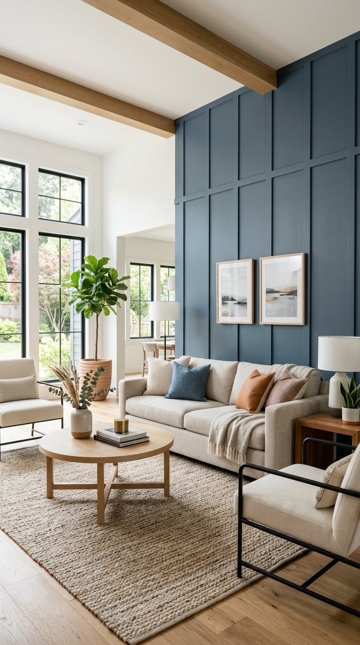 Living room with smoky blue board-and-batten wall paneling, sofa, coffee table, and plants.