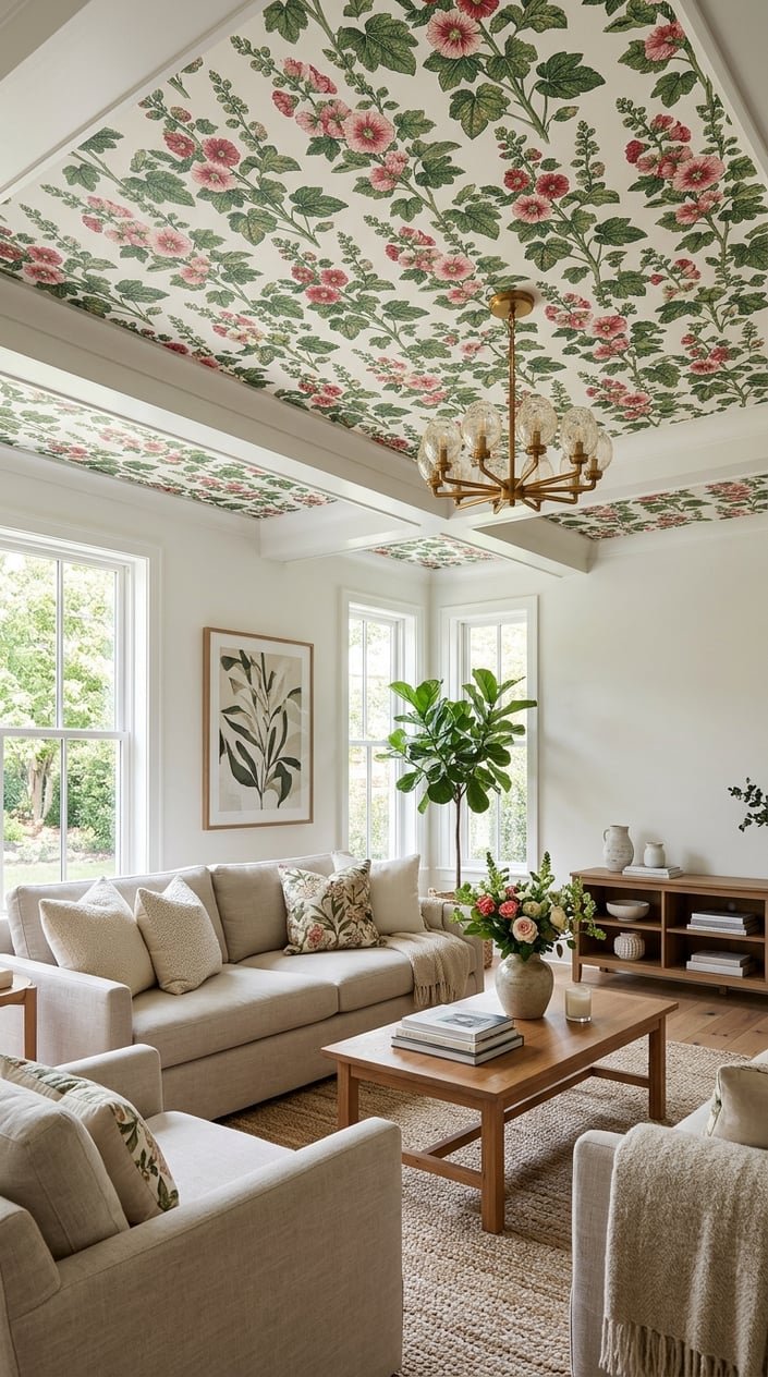 A bright living room with comfortable seating and a ceiling decorated with floral patterned wallpaper.