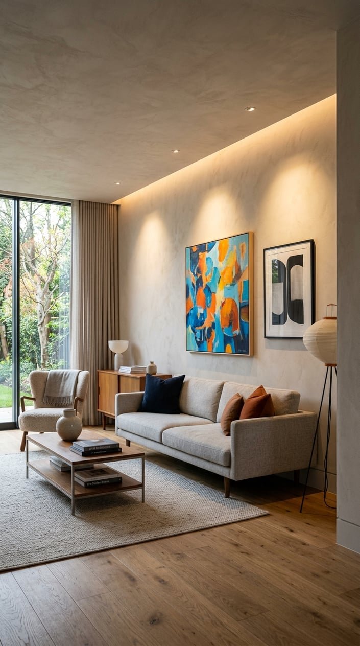 A modern living room with artwork illuminated by recessed LED wall washers, featuring contemporary furniture and natural light.