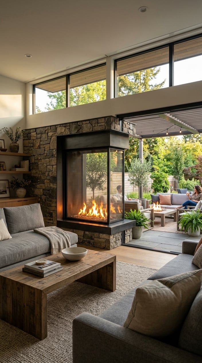 A two-sided fireplace connecting a living room and a patio, with seating and warm lighting on both sides.