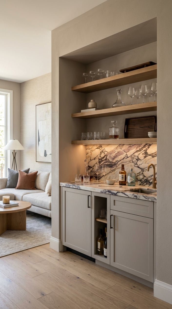 Recessed dry bar with a purple-veined stone countertop, built-in cabinetry, and shelves with glassware in a modern living room.