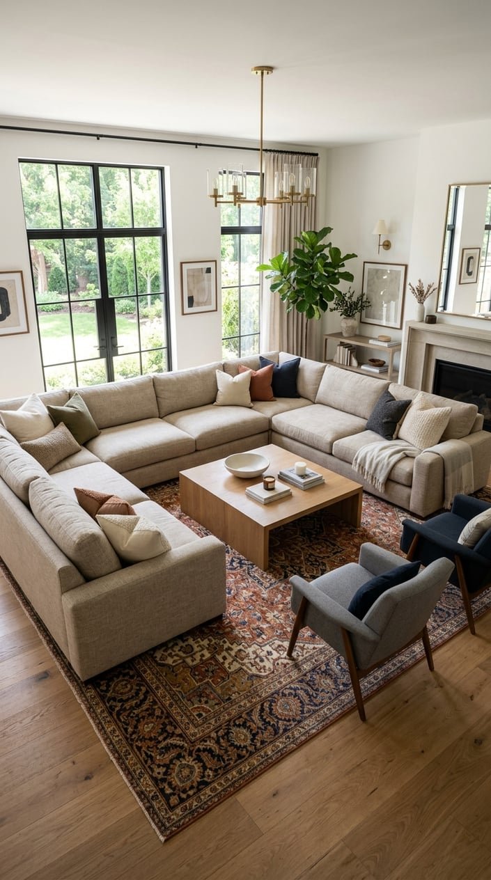 A living room with a large wraparound sectional sofa centered on a patterned area rug, with a coffee table and plants nearby.