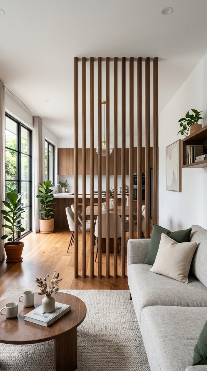 Open-plan living room with a fluted walnut wood room divider separating the seating area from the rest of the space.