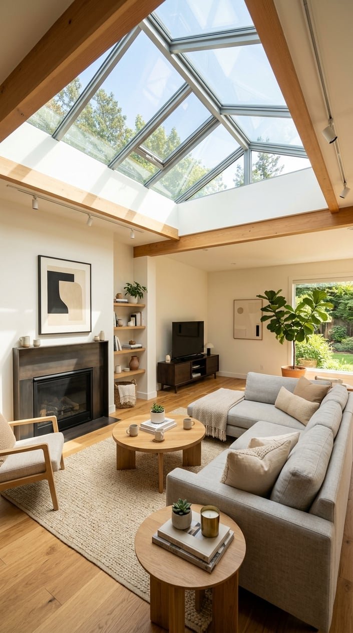 Bright living room with a large skylight above a main seating area featuring a sectional sofa and coffee table.