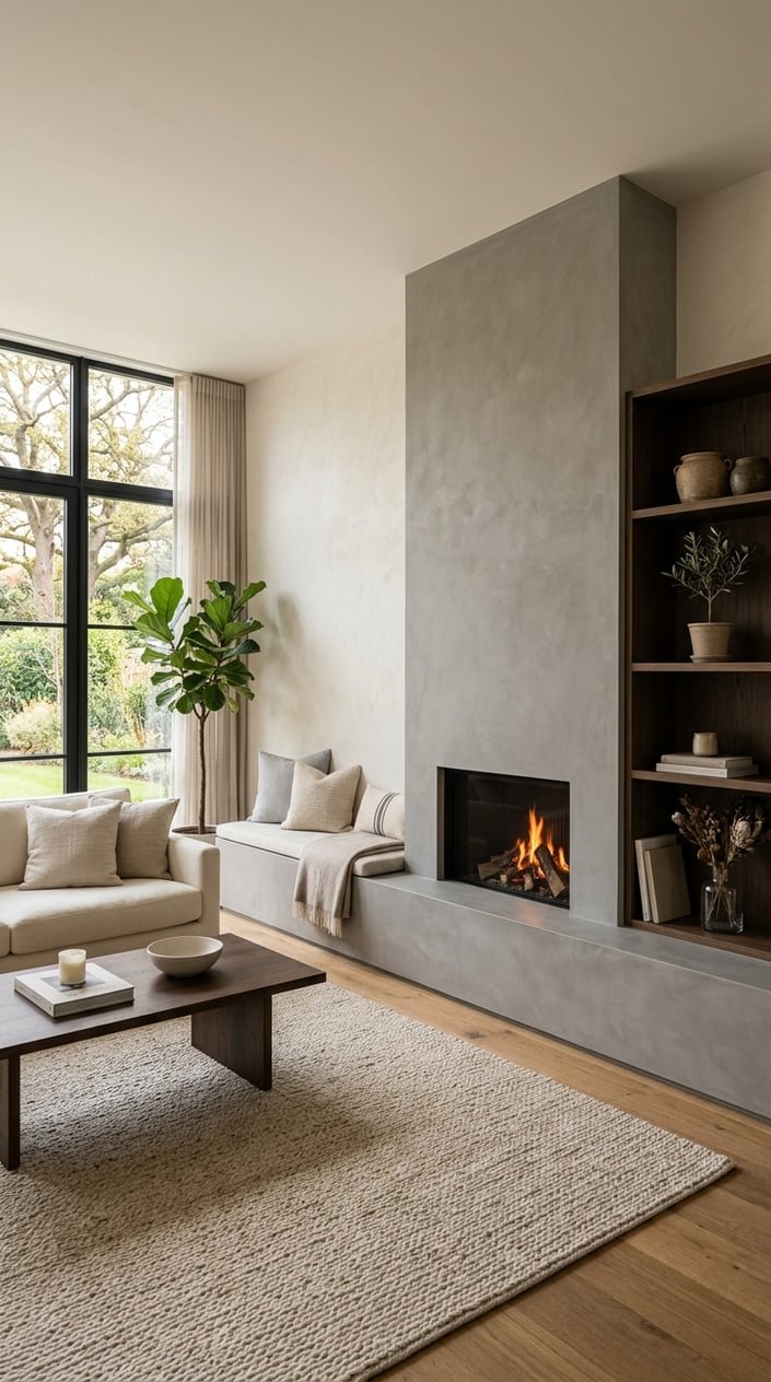 Living room with a microcement fireplace and a matching built-in bench along the wall.