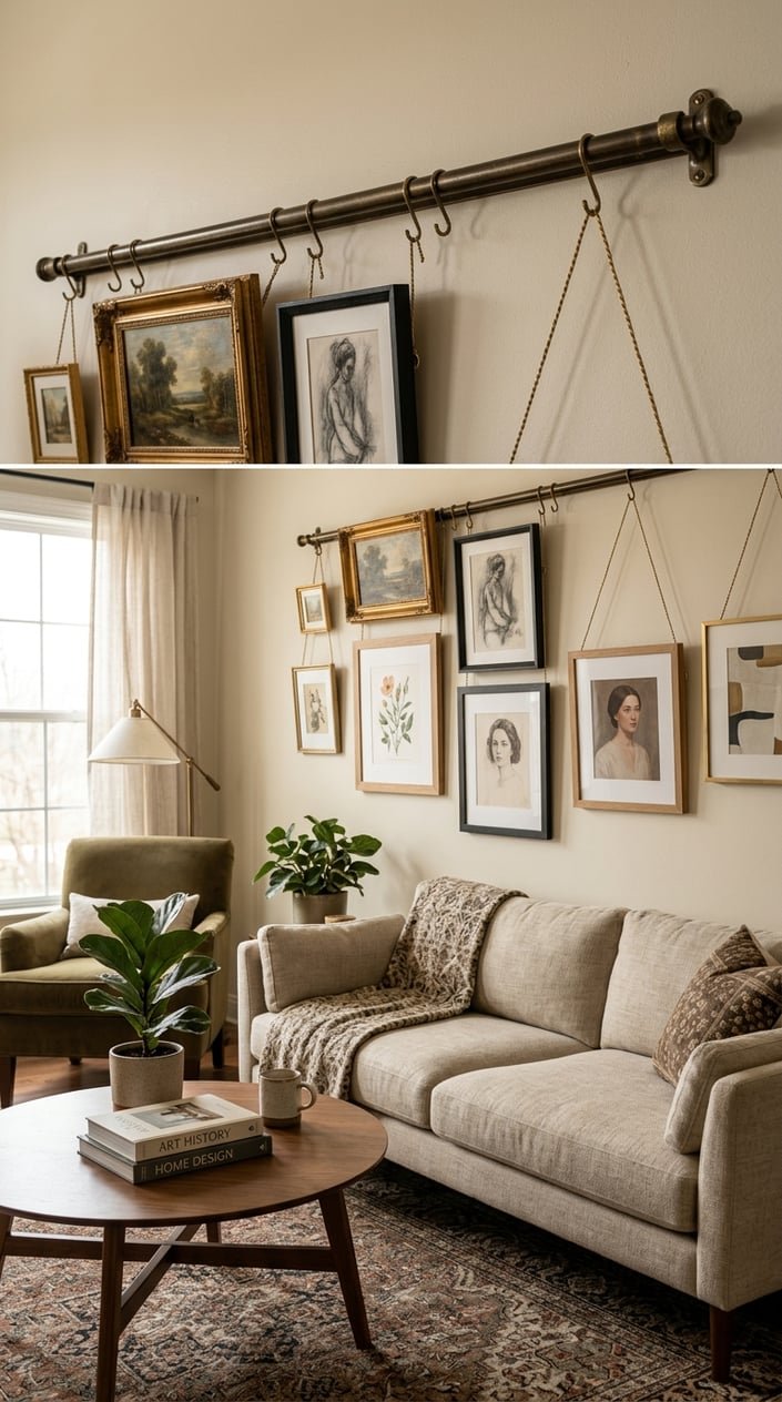 Living room wall with a vintage brass picture rail holding multiple framed artworks arranged in layers above a sofa.
