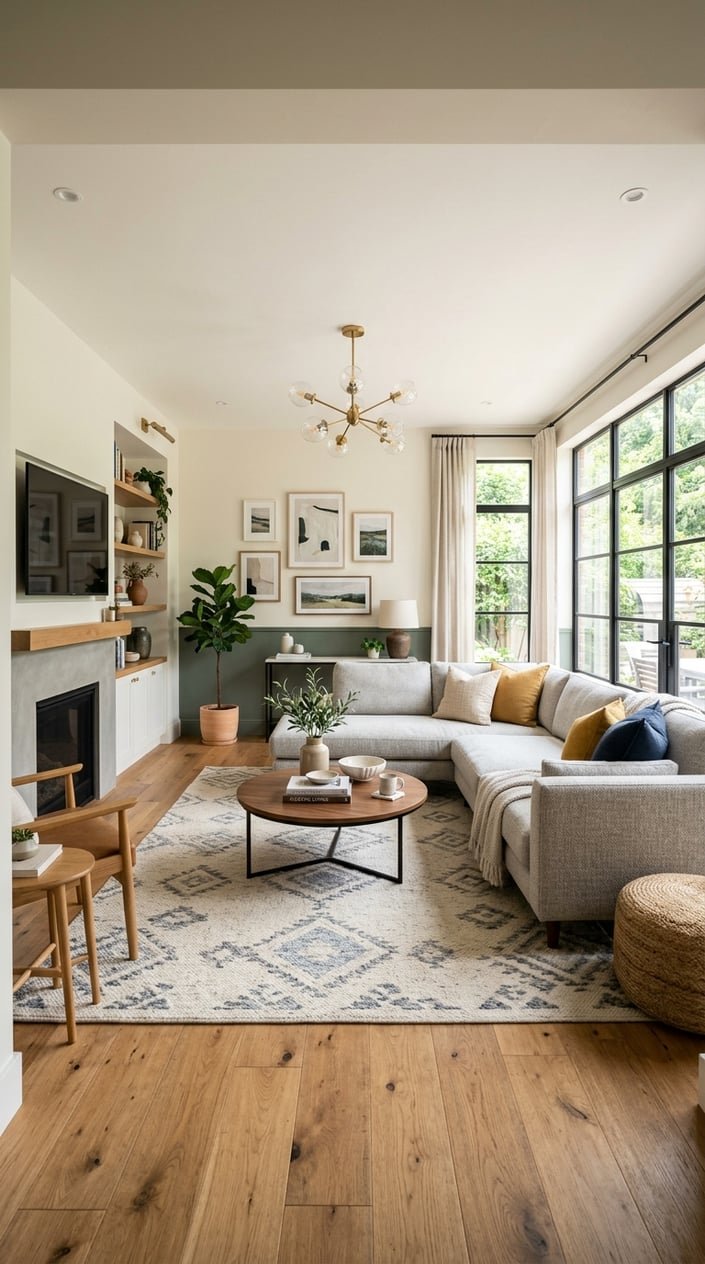 A bright and spacious living room with a sofa, coffee table, large windows, artwork on the walls, and wooden flooring.