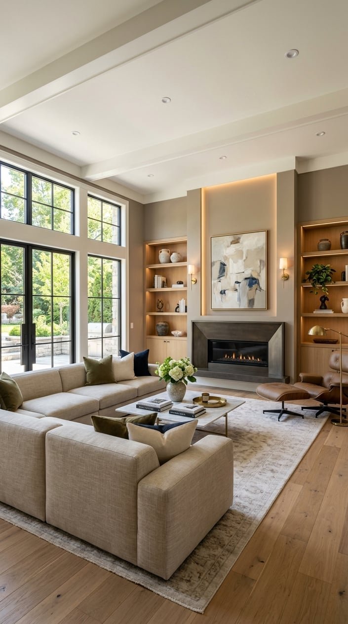 A bright and spacious living room with a sofa, coffee table, fireplace, large windows, and decorative shelves.