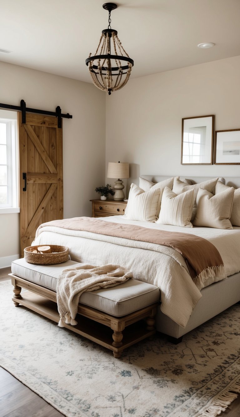 A cozy bedroom with a neutral color palette, rustic wooden furniture, and soft textiles. A large bed with layered pillows and a warm throw blanket. A sliding barn door and a vintage chandelier add charm