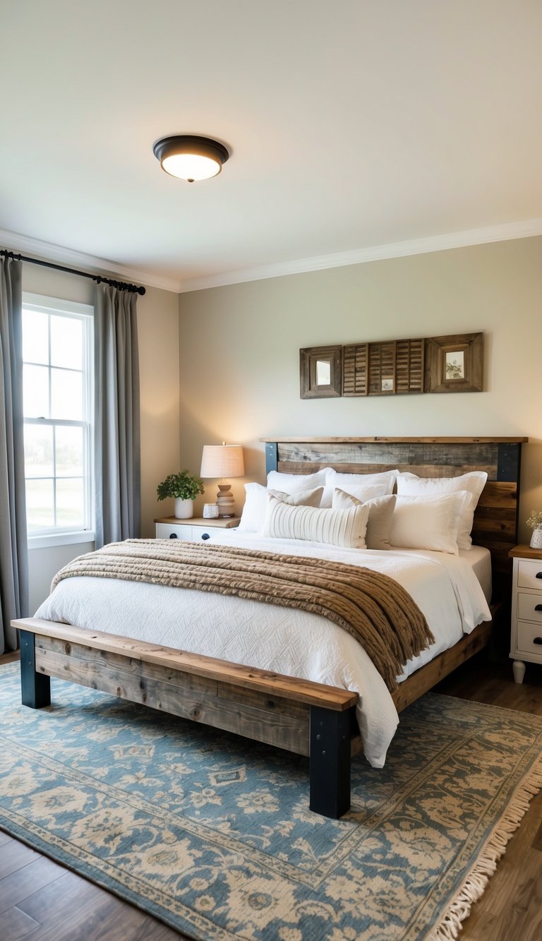 A cozy bedroom with a reclaimed wood bed frame, vintage rug, and modern farmhouse decor