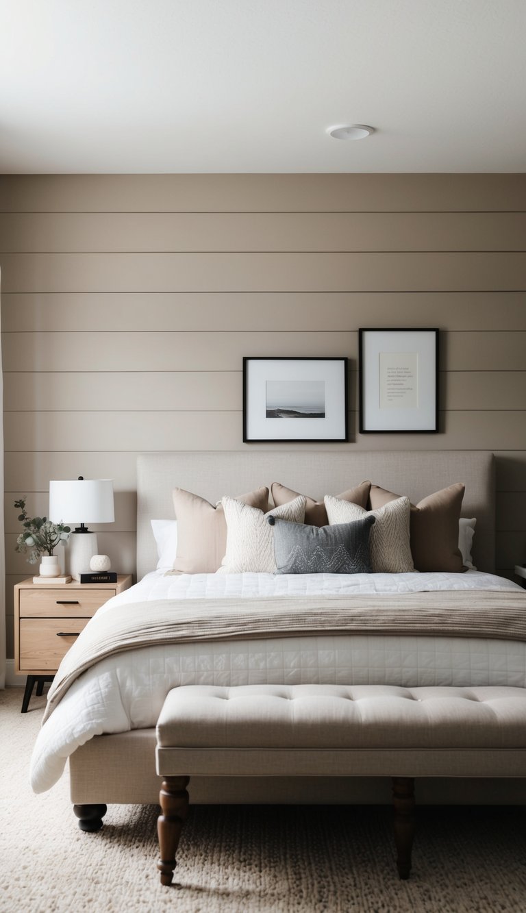 A cozy bedroom with shiplap walls, a neutral color palette, and modern farmhouse decor