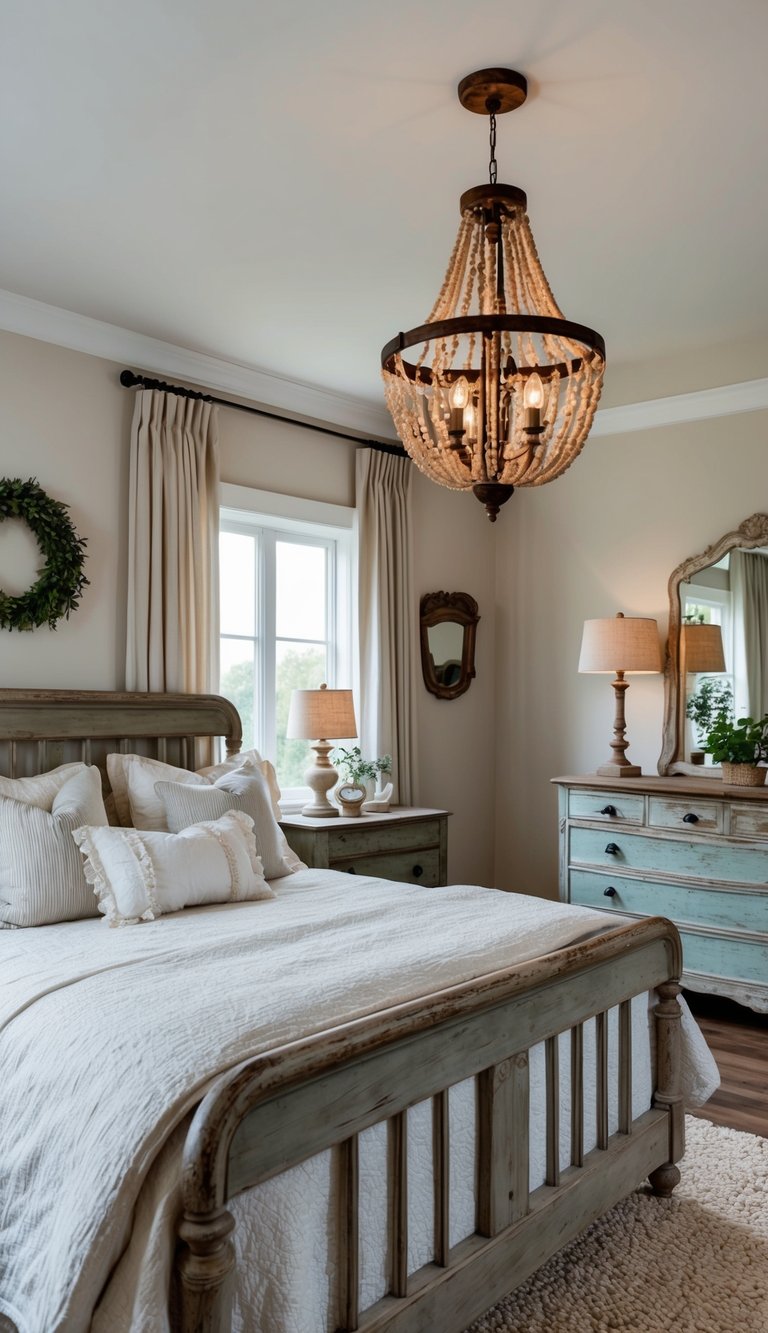 A cozy bedroom with vintage furniture accents, including a distressed wooden bed frame, a weathered dresser, and a rustic chandelier