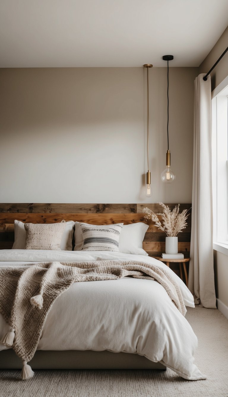 A cozy bedroom with neutral tones, rustic wood accents, and modern minimalist decor