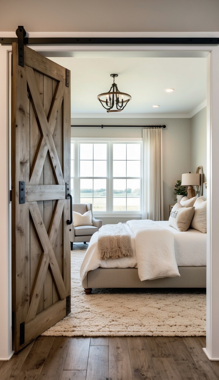 A spacious modern farmhouse bedroom with a large barn door serving as a statement piece. The room is decorated with rustic elements and neutral colors, creating a cozy and inviting atmosphere