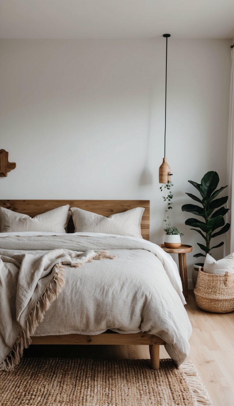 A cozy modern farmhouse bedroom with linen bedding, wooden furniture, and natural accents like a woven rug and potted plants