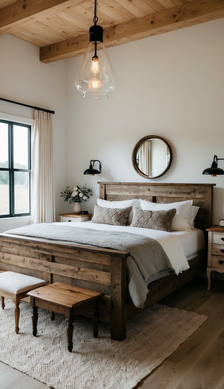 A cozy modern farmhouse bedroom with a mix of antique and modern decor, featuring a rustic wooden bed frame, vintage bedside tables, and contemporary lighting fixtures