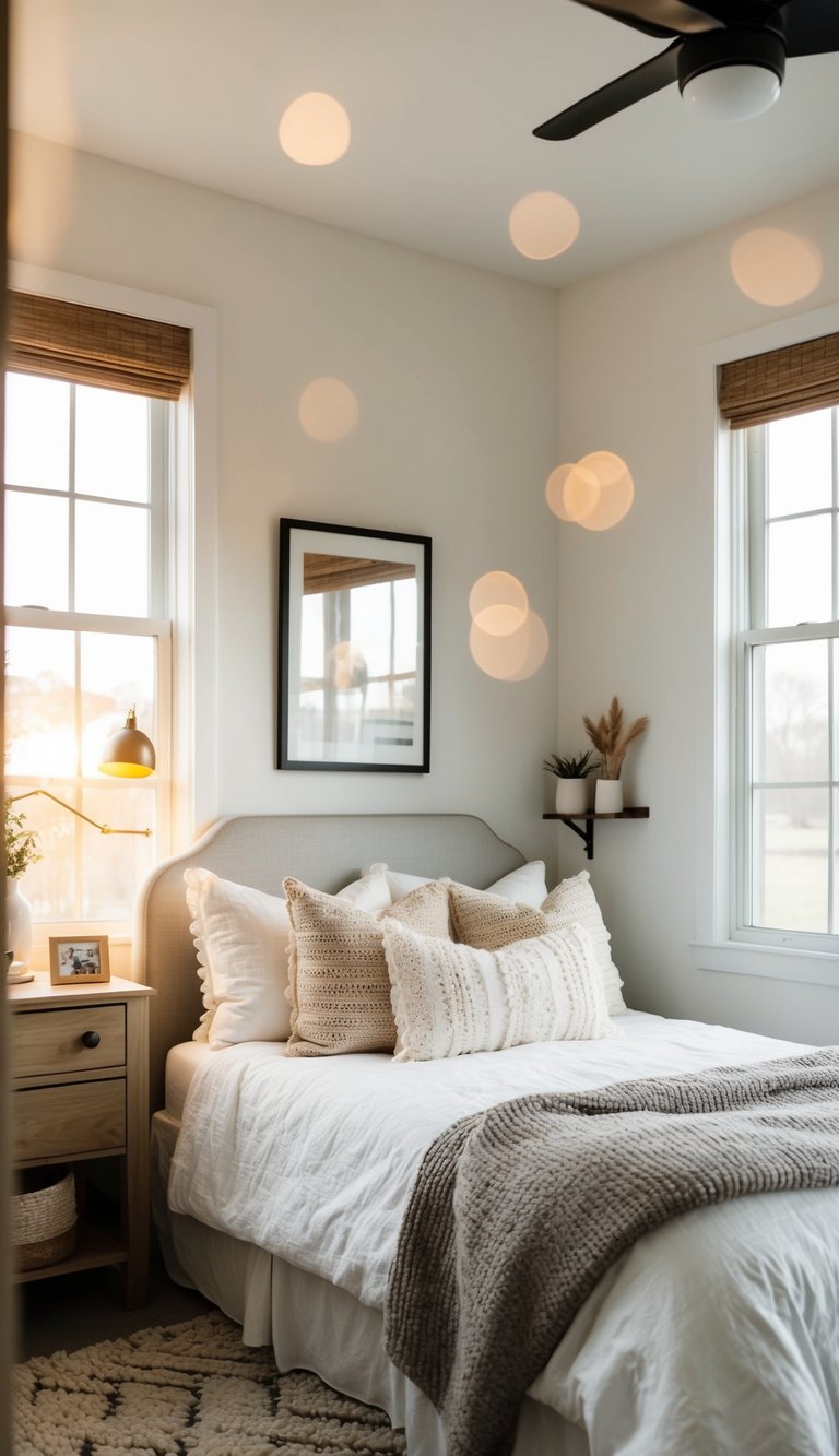 A cozy bedroom with soft white walls, a mix of modern and farmhouse decor, and warm natural light streaming in through the windows