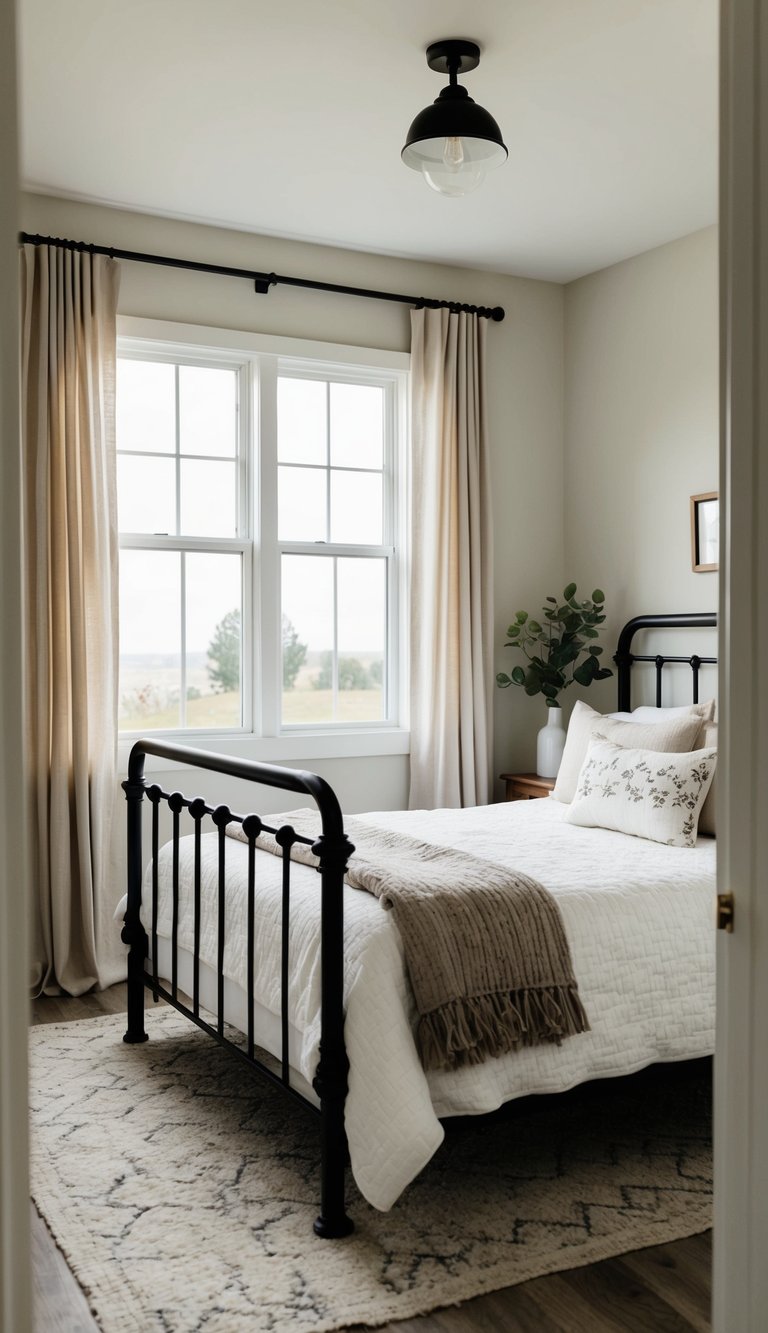 A cozy bedroom with a sturdy iron bed frame, surrounded by modern farmhouse decor and natural light streaming in through the window