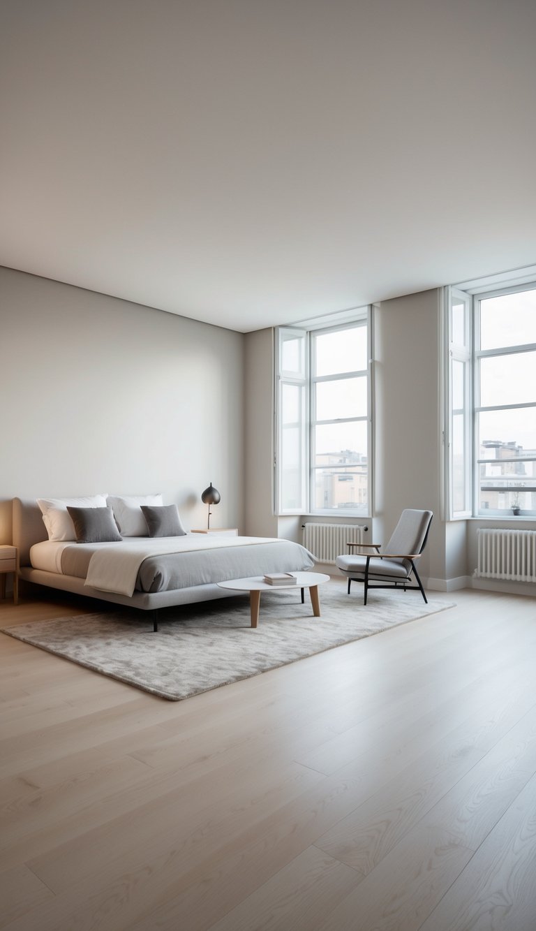 A spacious bedroom with light wood floors, minimalistic furniture, and large windows letting in natural light