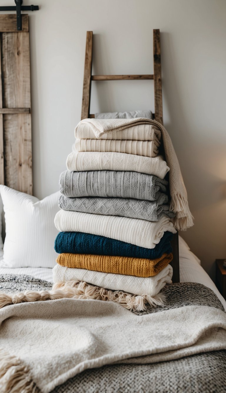 A stack of cozy throw blankets draped over a rustic wooden ladder in a modern farmhouse bedroom with neutral tones and natural textures