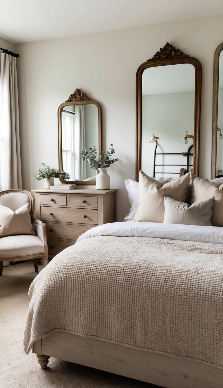 A cozy bedroom with antique mirrors adding charm to a modern farmhouse aesthetic. Rustic wood furniture and soft, neutral tones create a warm and inviting atmosphere