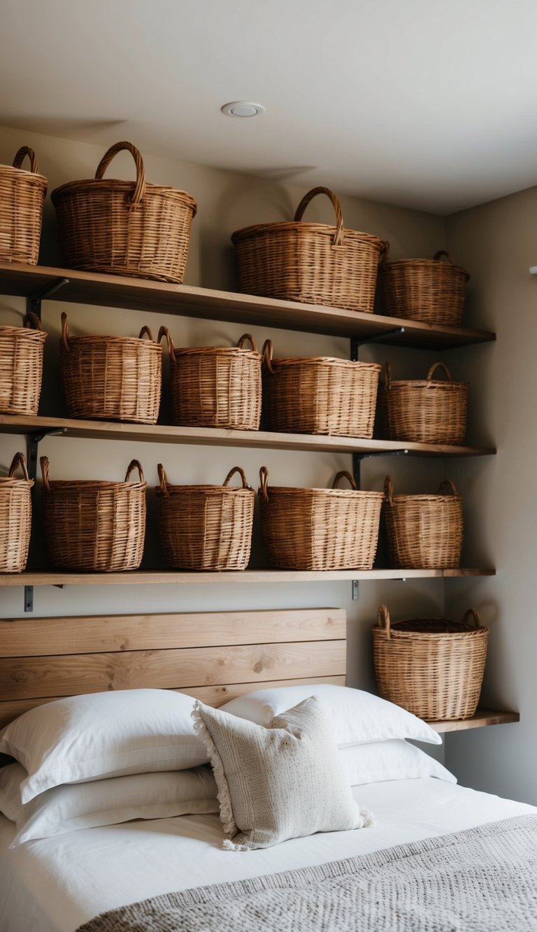 Wicker baskets arranged neatly on wooden shelves in a cozy modern farmhouse bedroom