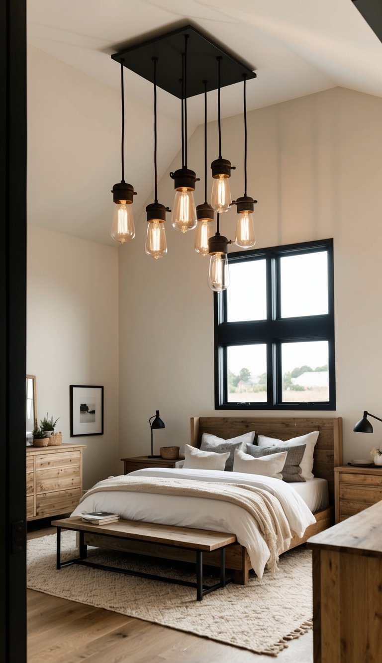 A cozy modern farmhouse bedroom with sleek industrial light fixtures hanging from the high ceiling, casting a warm glow over the rustic wooden furniture and neutral color palette