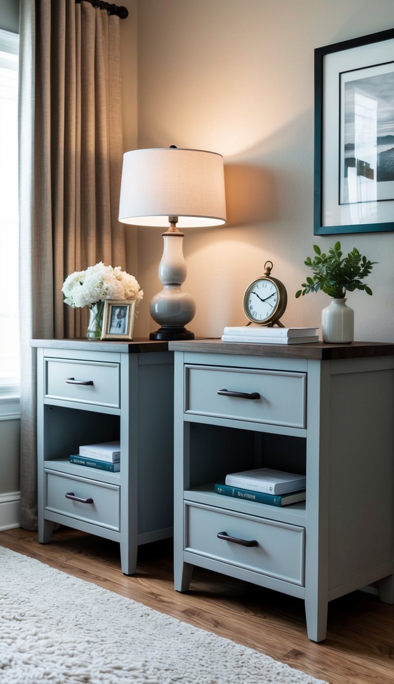 Two farmhouse-style nightstands with sleek, modern design in a cozy bedroom setting