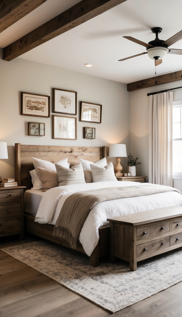 A cozy modern farmhouse bedroom with rustic wood furniture, neutral color palette, and vintage artworks on the walls