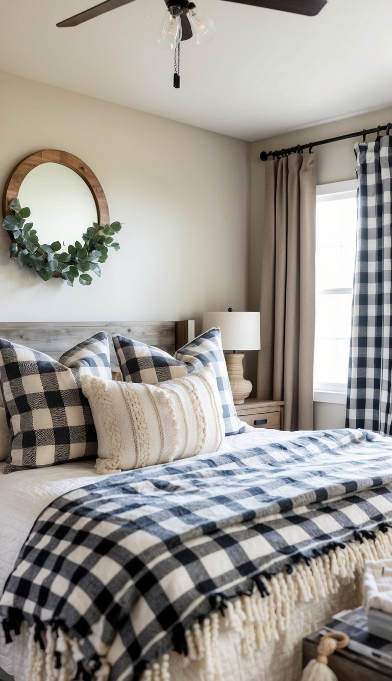 A cozy bedroom with plaid patterned textiles, including throw pillows, blankets, and curtains. The room has a modern farmhouse aesthetic with neutral colors and rustic accents