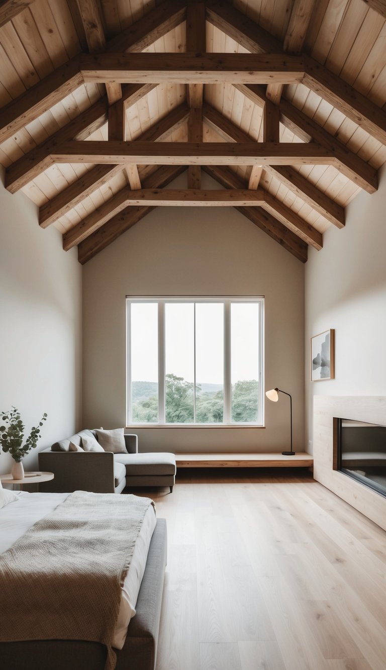 A spacious bedroom with exposed wooden beam ceilings, minimalistic decor, and natural light streaming in through large windows