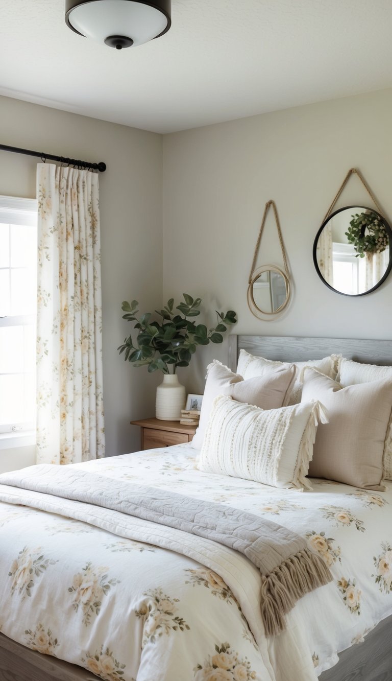 A cozy bedroom with soft floral prints on the bedding and curtains, accented with modern farmhouse decor