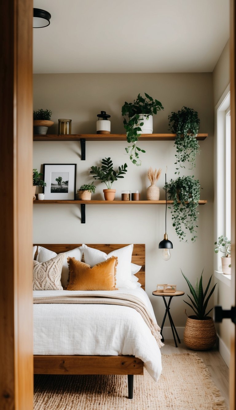 A cozy modern farmhouse bedroom with open shelving displaying decorative items and plants, creating a warm and inviting atmosphere