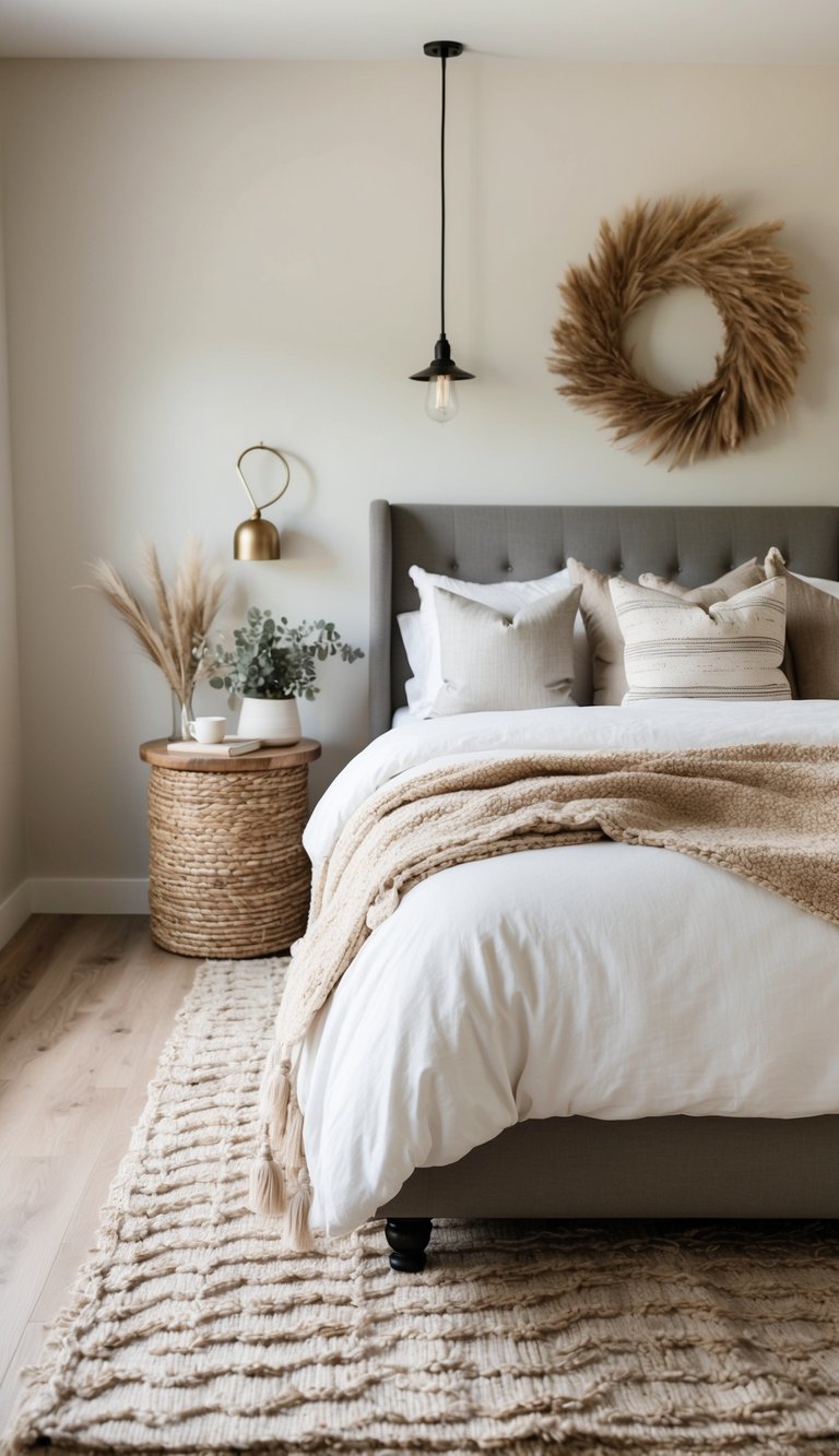 A cozy modern farmhouse bedroom with layered rugs for warmth, featuring neutral colors and natural textures